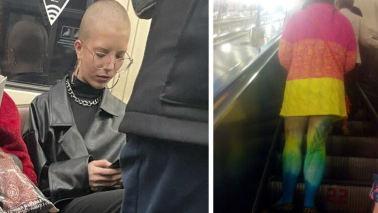 Пътници в метрото, които имат съотношение 50/50 на мода и ексцентричност